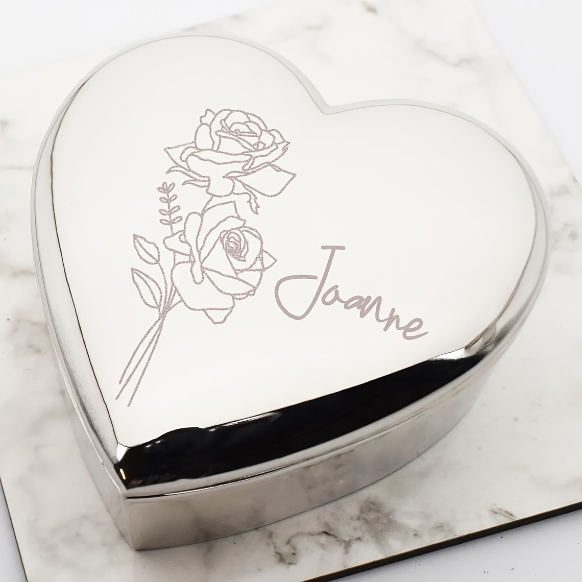 Personalized Beautiful Engraved Heart Jewelry Box with June Birthday Rose Pattern